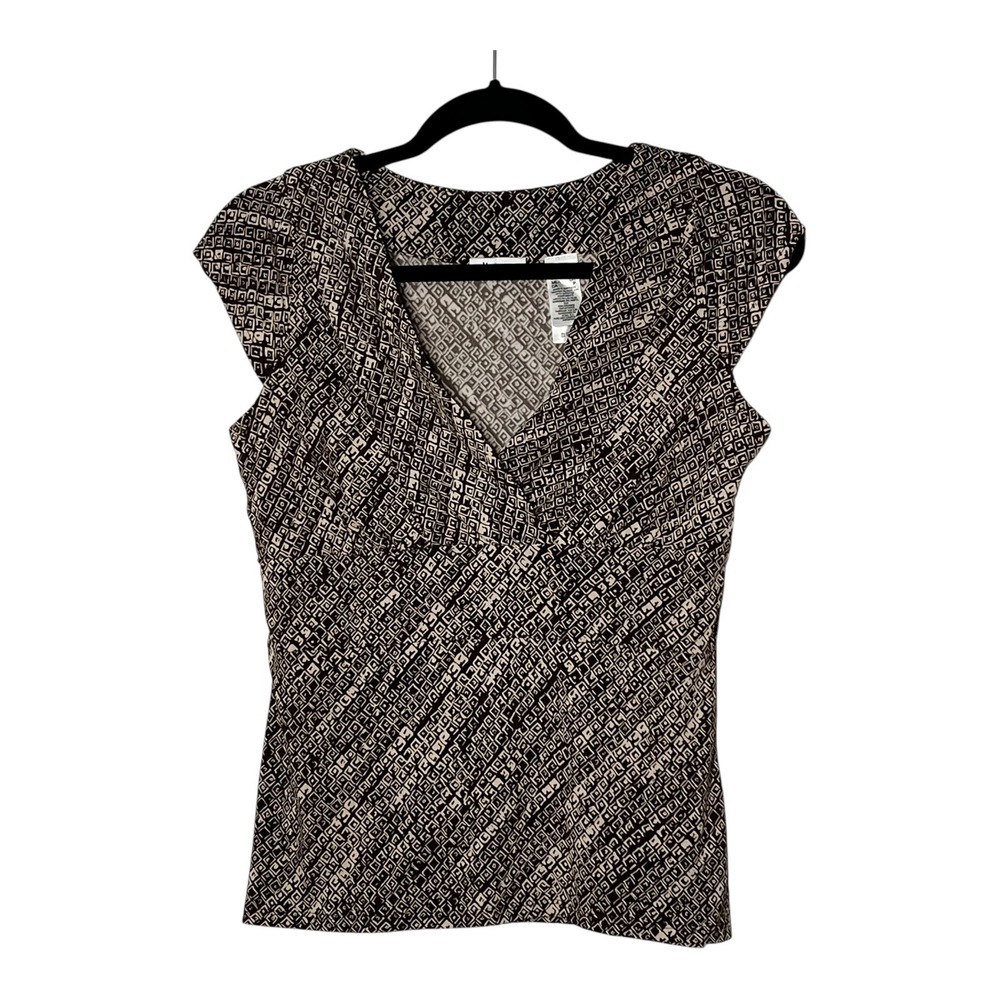 Liz & Co Womens Brown Geometric Square Print Surplice V-Neck Cap Sleeve Top S
